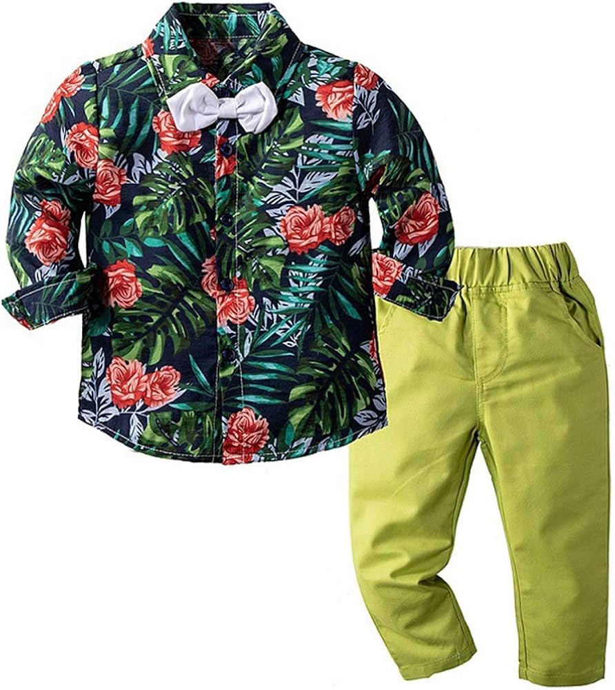 Baby Boy Hawaiian Vacation Suit Long Sleeve Floral Shirt + Casual Trouser Green