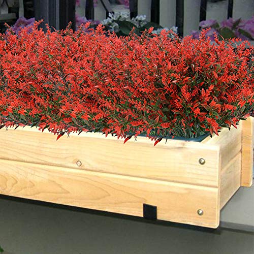 KLEMOO Artificial Lavender Flowers Plants 6 Pieces, Lifelike UV Resistant Fake Shrubs Greenery Bushes Bouquet to Brighten up Your Home Kitchen Garden Indoor Outdoor Decor(Orange Red) - Thumbnail 2