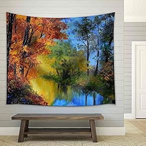 Oil Painting - Autumn Forest with a River and Bridge Over The River, Bright Red Leaves, Forest - Fabric Wall Tapestry Home Decor - 51x60 inches
