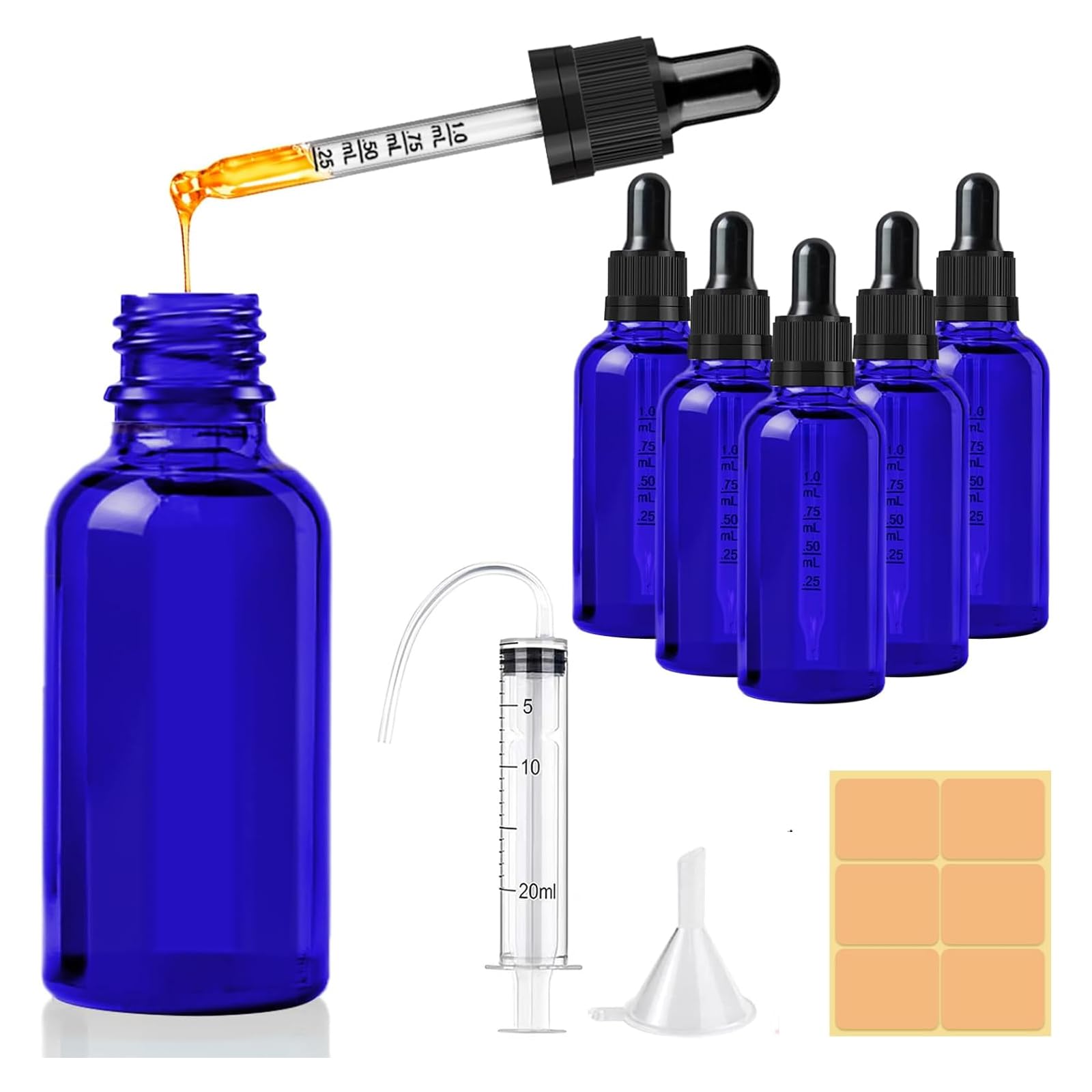 CoKeeSun 50ml Glass Dropper Bottle, 5 Pcs Blue Dropper Bottles with Pipettes, Reusable Glass Bottle Set with Funnel Needle Syringe Catheter Stickers for Hair Oil perfumes Cosmetics Storage