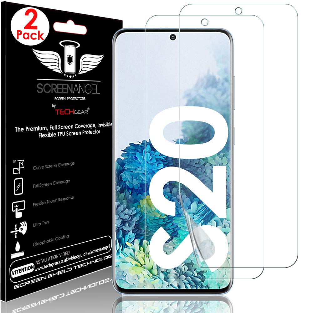 TECHGEAR [2 Pack Screen Protector fits Samsung Galaxy S20 [Screen Angel Edition] [In-Display Fingerprint Support][Case Friendly] [Bubble Free] [FULL Screen Coverage] HD Clear Flexible TPU Film