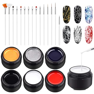 Ownest 6 Colors Spider Gel, Matrix Gel with Gel Paint Design Nail Art Kit Wire Drawing Nail Gel for Line, Soak Off UV LED DIY Manicure Nail Art Decoration With 15 Nail Art Brushes-#A