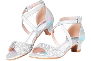 Chumchoi Girls Sandals Rhinestones Kitten Low Heels Ankle Strap Dress Pump Wedding Party for Toddler Little Big Kid