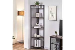 FATORRI Rustic Tall Corner Shelf, 5 Tier Industrial Corner Bookshelf for Living Room, Dark Wood and Metal Corner Plant Stand for Corner Space (Walnut Brown)