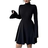 RoseSeek Women's Mock Neck A Line Mini Dresses Ribbed Knit Bell Sleeve Elegant Dress