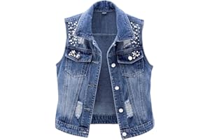 Women Faux Pearls Beads Vest With Pockets Single-Breasted Vintage Cowboy Waistcoat Sleeveless Denim Jacket