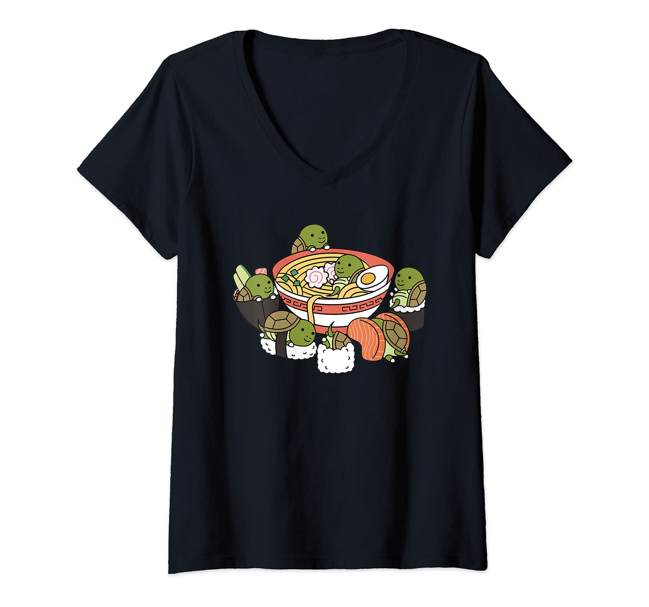 Womens Ramen Sushi Tortoise Pet V-Neck T-Shirt