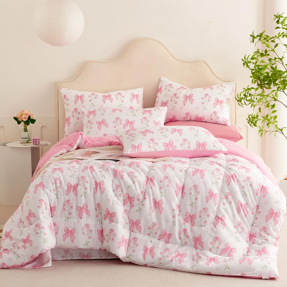 Photo 1 of Jolusere Pink Bow Comforter Set Full Size Pink Floral Comforter for Girls Kids Romantic Princess Style Bowknot Bedding Set Ultra Soft Reversible Garden Flower Comforter Sets with 2 Pillowcases 3Pcs