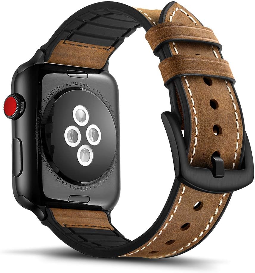 Tasikar Compatible with Apple Watch Band 49mm 45mm 44mm 42mm Genuine Leather with Silicone Hybrid Design Comfortable Strap Compatible for Apple Watch Ultra Series 8 7 6 5 4 3 2 1, SE (Brown)