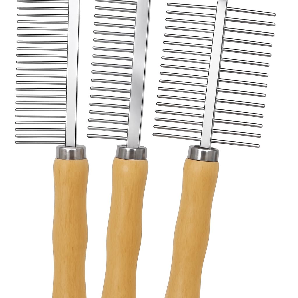 TopMed ETS Set of 3 Stainless Steel Pet Hair Comb, Wooden Handle of Bamboo Proven Grooming Tools Kit for Dogs Cats and Other Animals