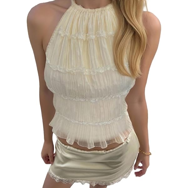 Amazon.com: Women Backless Ruffle Halter Cami Shirred Frill Tank