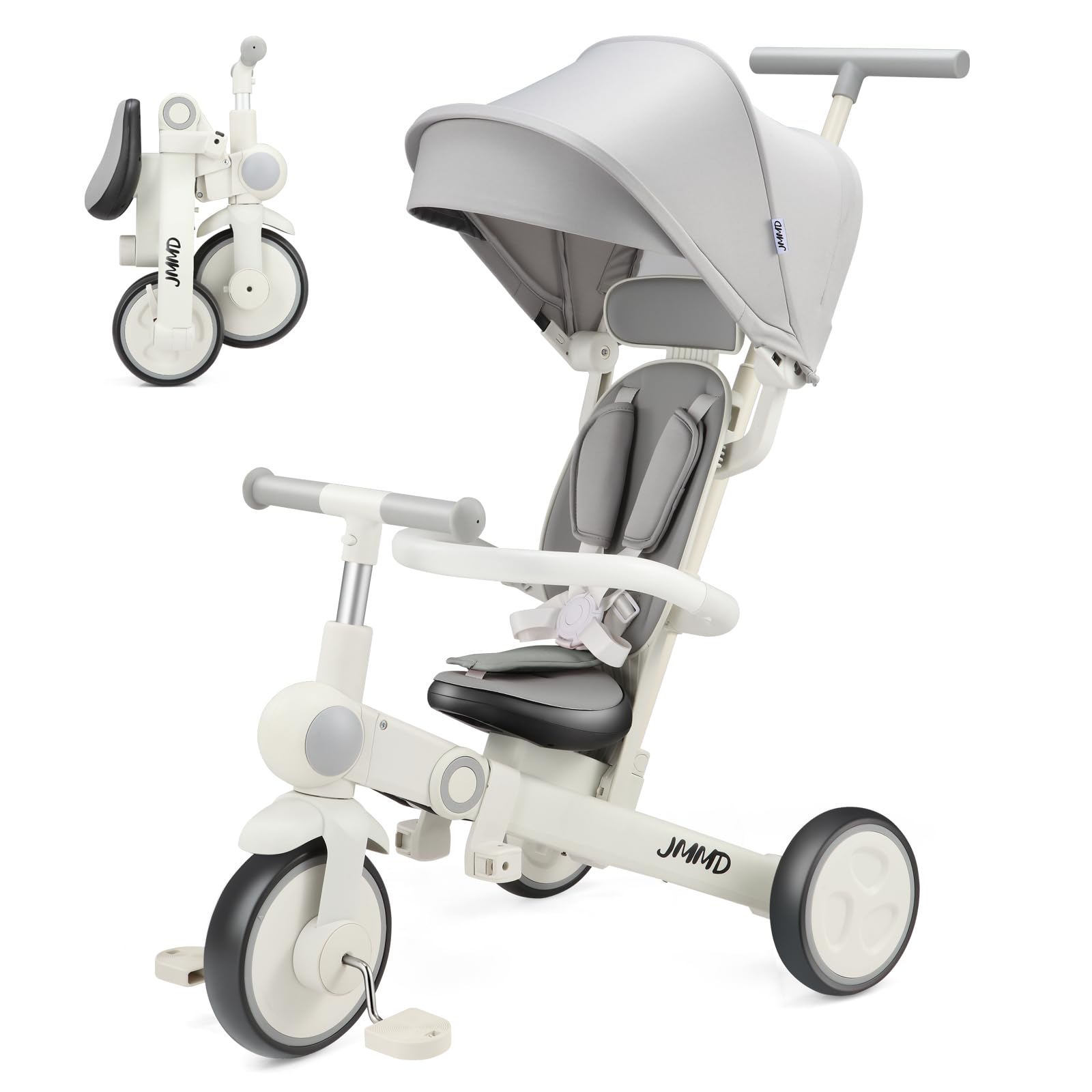 Photo 1 of JMMD Baby Tricycle, 7-in-1 Multifunctional Kids Trike with Adjustable Parent Handle, Safety Harness & Wheel Brakes, Removable Canopy, Stroll Trike for Boys & Girls Ages 18 Months-5 Years, Gray