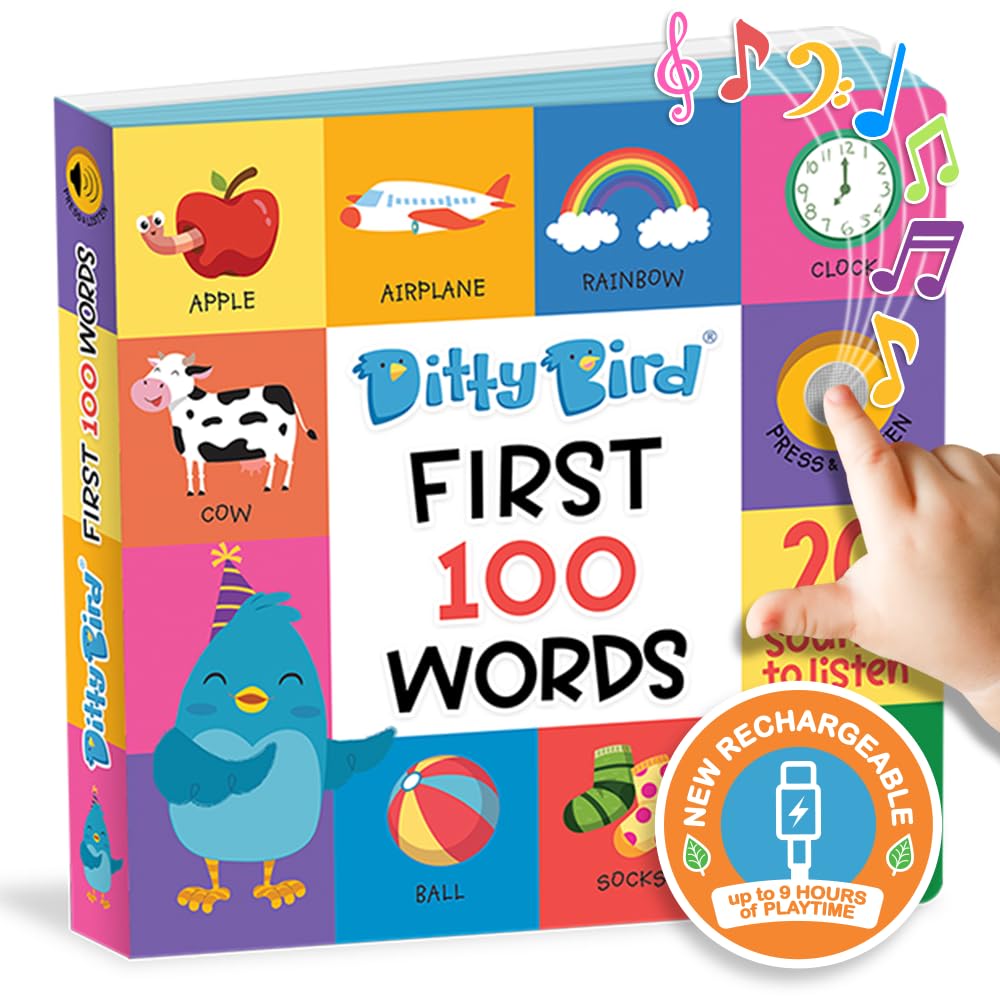 Ditty Bird Talking Books 100 Words | Fun Vocabulary & Speech Learning for Babies | Board Books for Toddlers 1-3 | Children's Interactive Toddler Books with Great Pictures | Sturdy Baby Sound Books