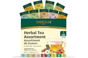 VAHDAM, Assorted Herbal Tea Sampler (18 Tea Bags, 9 Flavors) Caffeine-Free, Non-GMO | Double Infusion, Individually Enveloped