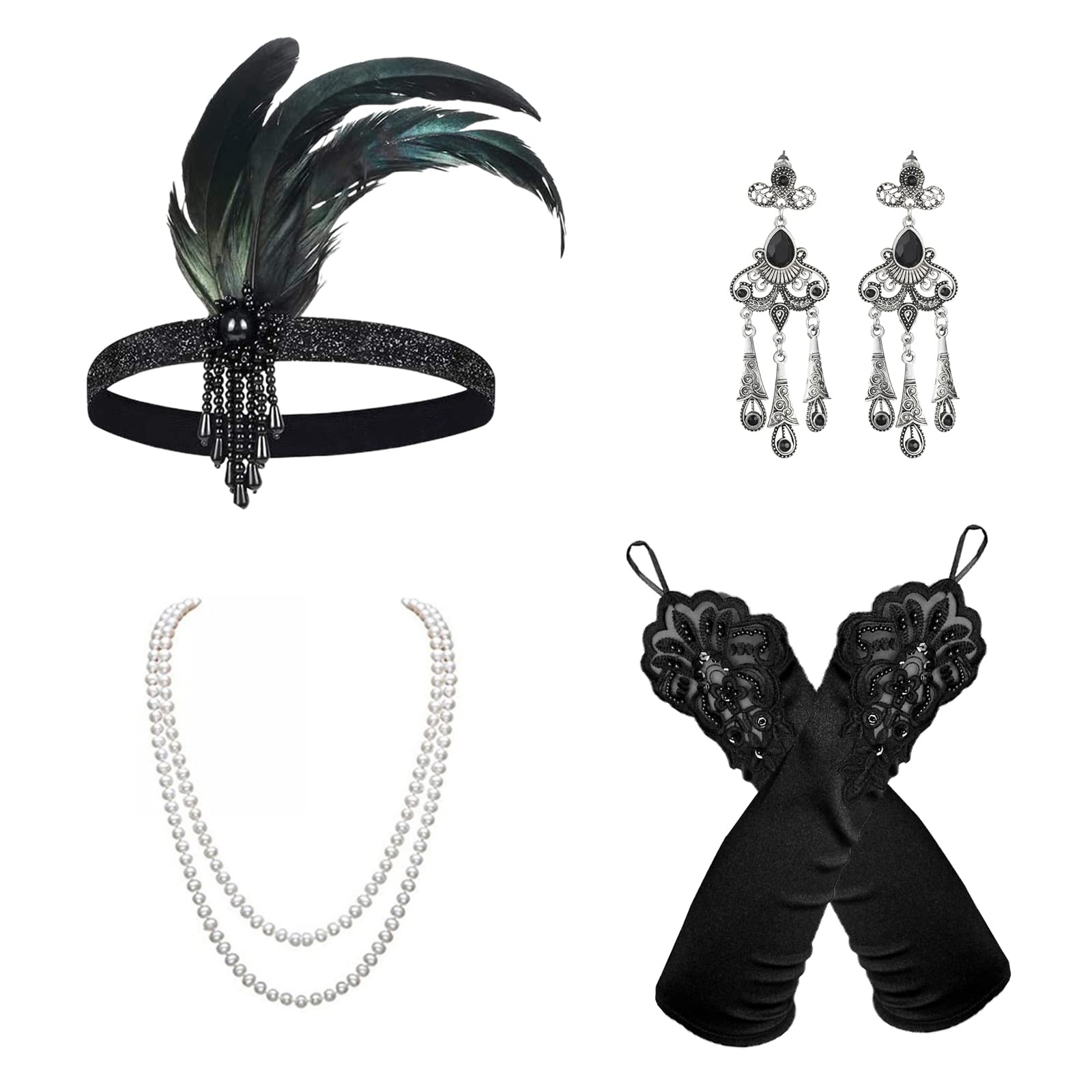 VIKSAUN 5 Pieces 1920 Accessories Set, 1920s Flapper Great Gatsby Accessories, Fashion Roaring 20's Theme Set, Flapper Headband, Headpiece Long Black Gloves Necklace Earrings for Women (5 Pieces)