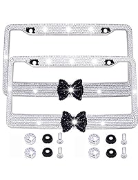Update Bling Bling License Plate Frames  2 Pack 8 Fila Pure Handmade impermeable Juego de tapas Frames placa de licencia para coches con 2 Agujeros Con Tornillos Para de vidrio brillantes (Blanco y Negro Bowtie)