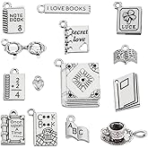 AHANDMAKER 56Pcs 14 Styles Antique Silver Book Charms, Metal School Library Theme Pendants, Book Coffee Cup Notebook Glasses Study Charm for DIY Jewelry Making Necklaces Bracelets Keychains