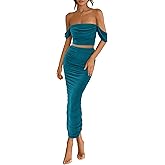 PRETTYGARDEN Women Sexy Two Piece Outfits Summer Off Shoulder Ruched Bodycon Mesh Cocktail Club Skirt Sets 2025