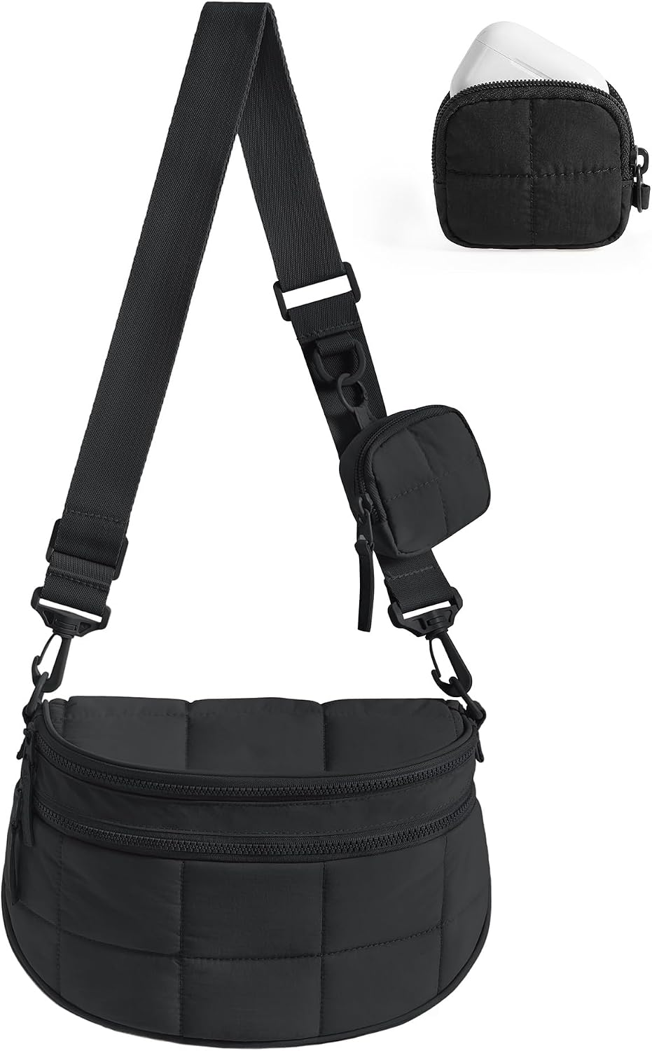 BAGSMART Small Crossbody Bags for Women, Puffer Cute Bum Bag with Pouch, Quilted Purse for Daily Travel College, Black | 4.6L compact size, structured bum bag, 2-in-1 set, small yet spacious, mom bag