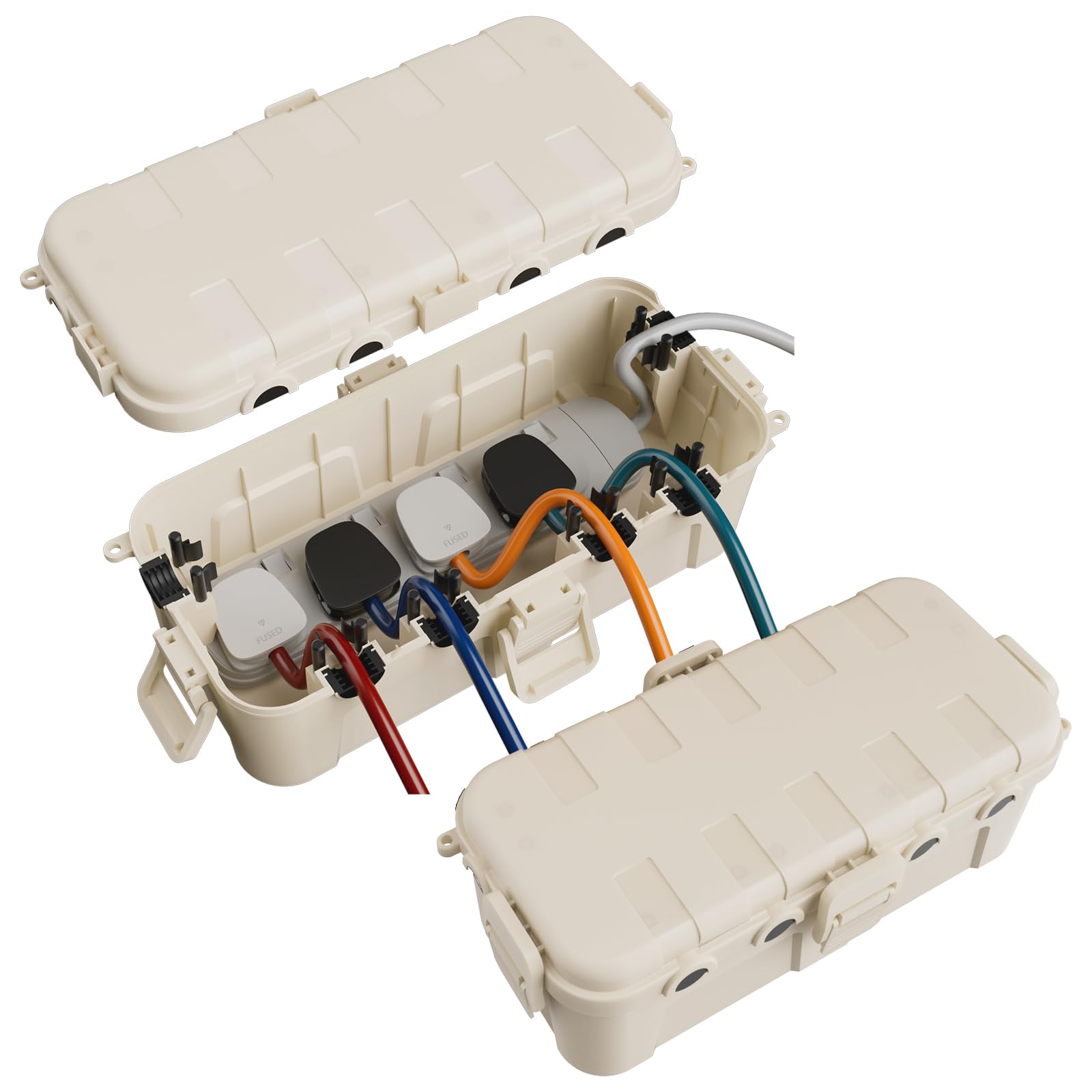 [2 Pack] RESTMO Outdoor Waterproof Box (29 × 13.2 × 10cm), IP54 Weatherproof Electrical Box for Multi Plug Extension Lead, Protect Outlet, Plug, Christmas String Lights from Water, Snow, Dust, Almond