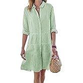 utcoco Womens Striped Button Down Midi Shirt Dress Casual Loose Cuffed Long Sleeve Mid Long Dresses