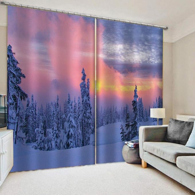 3D Insulated Blackout Curtains Snow Scene，Soft Polyester Fabric Thermal