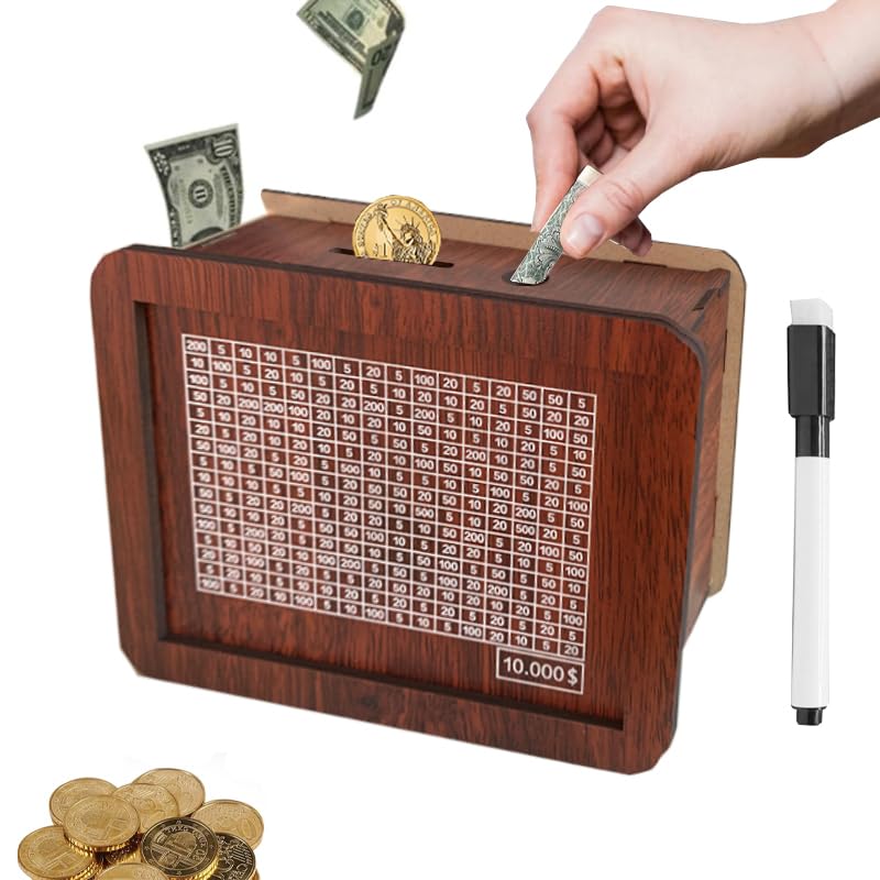 Photo 1 of 10000 Savings Challenge Box,Cash Vault Wooden Savings Box,kakeibo Money Box,Wooden Piggy Bank Coin Bank with Counting Target,The Best Gift for Boys, Girls, and Friends (Brown)