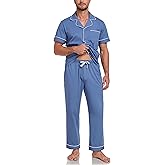 COLORFULLEAF 100% Cotton Mens Pajamas Set Short Sleeve Loungewear with Long Pants Button Down Sleepwear Soft Comfy Pj for Men
