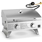 HAPPYGRILL 2-Burner Portable Gas Grill with Lid, 20,000 BTU Stainless Steel Propane Grill with Handle, Top Thermometer & Extr