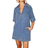 EZAPINE Women Denim Dress Summer Deep V Neck Short Sleeve Casual Loose Collared Shift Mini Jean Dress with Pockets