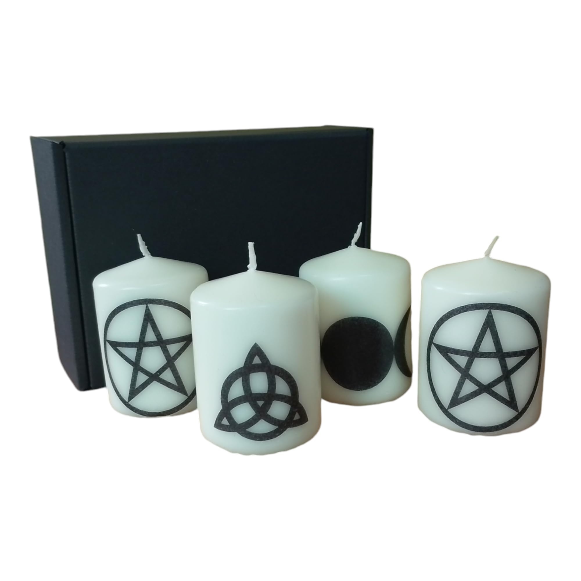 Pillar unscented Wax Candle Set of Four Witchy Pentagram Goddess Triple Moon Triquetra Symbol Decoration Magic Spell Relax Meditation Home Decor