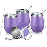 COMOOO Stainless Steel Wine Tumbler 4 Pack with Lid and Straw 12oz Double Wall Vacuum Insulated Travel Tumbler Cup Stemless for Hot and Cold Drinks, Coffee, Wine, Cocktails, Purple
