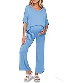 Tankaneo Womens Maternity Pajamas 2 Piece Lounge Set Soft Short Sleeve V Neck T-shirt Cropped Pants Pregnancy Loungewear