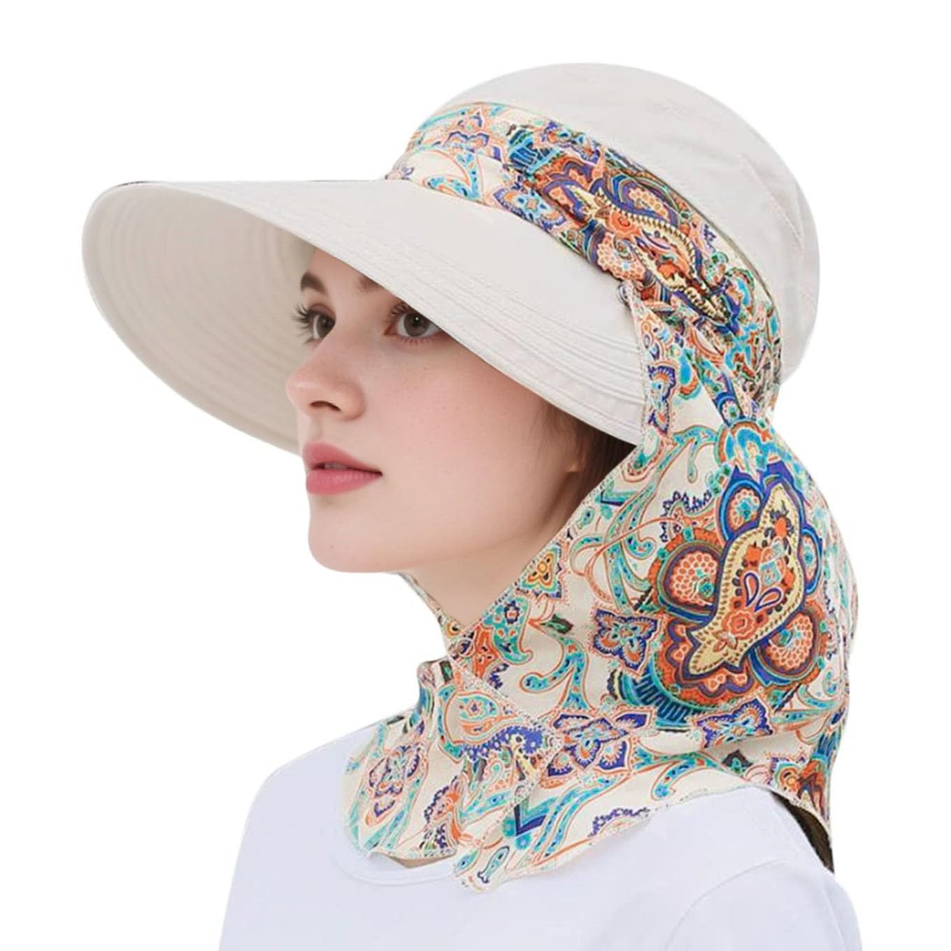 Photo 1 of Women Wide Brim Sun Hat Multifunctional Beach Hat Foldable Sun Visor with Removable Neck Flap Bowknot Beige