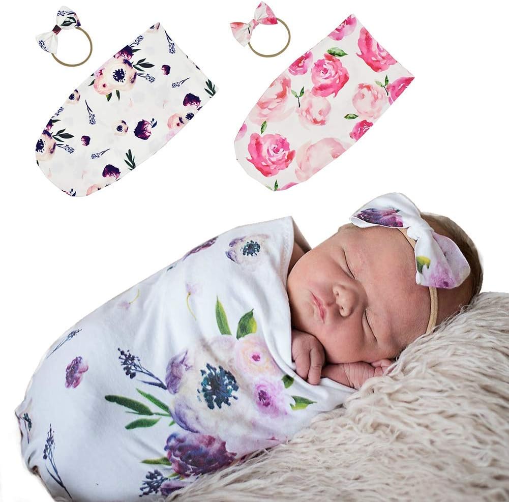 AdeimooNewborn Swaddle Sack Wrap Flower Headband Set Cocoon Soft Stretchy Receiving Blanket Photo Props (2 Pack Flower A Sacks with Headband)