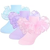 NiceBaby 3 Pairs Girls Ruffle Socks Double Big Lace Turn Cuff Dress Socks for Baby Girl Toddler Kids 1-3 Years, Blue/Purple/Pink