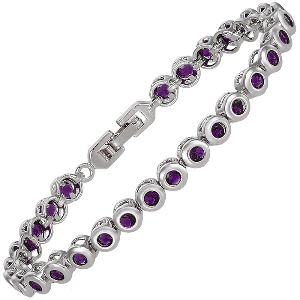 RIZILIA Tennis Bracelet [18cm/7inch] with Round Cut Gemstones CZ [Purple Amethyst] in 18K White Gold Plated, Simple Modern Elegance