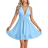 LYANER Women's Halter Deep V Neck Backless Ruffle A Line Sleeveless Shirred Sexy Mini Dress