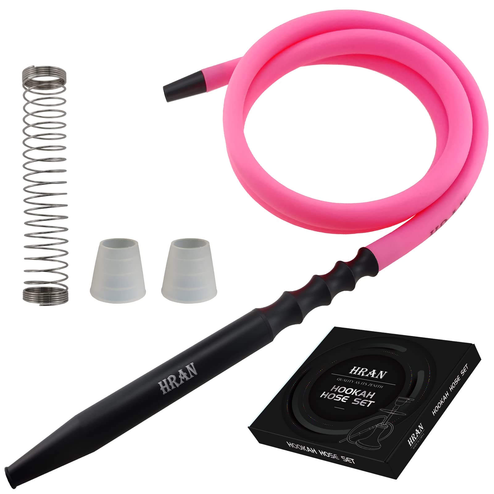 Photo 1 of HRAN 100% Washable Matt Silicone Shisha Hookah Hose Set with Complete Accessories 1.5 Meter Rust-Free Hookah Hose Detachable Aluminum Handle Mouthpiece Adaptor Anti-Kinking Spring (Pink)