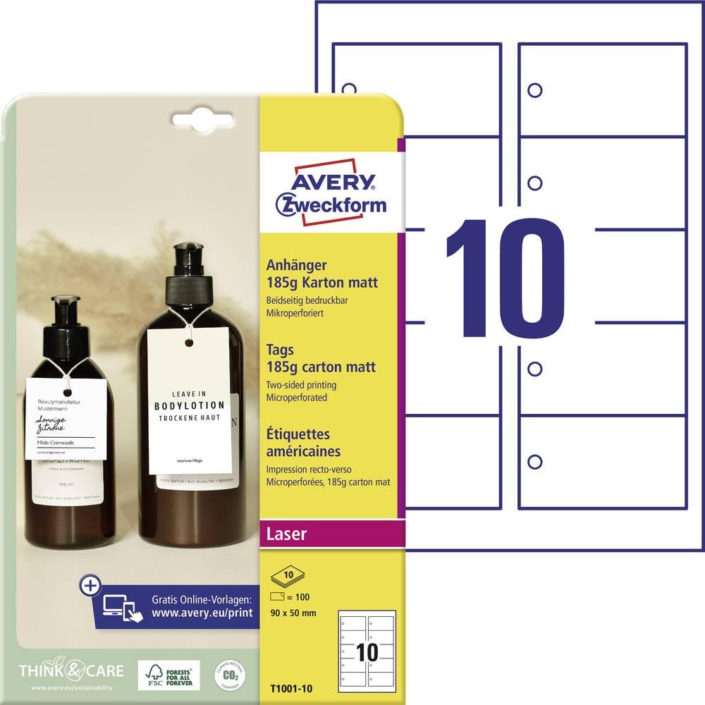 AVERY Zweckform T1001-10 Sturdy Tags with Cords 90 x 50 mm on A4 Double-Sided Product Tags Extra Fine Perforation Gift Tags 185 g White Pack of 100