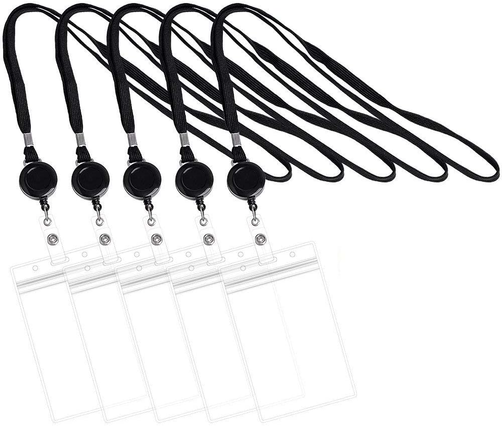 Lanyard with ID Badge Holder and Retractable Badge Reel 5 Pack for Key, ID Card, Name Tag, Credit Card, Business Card, Access Card Holder by NATUREBELLE