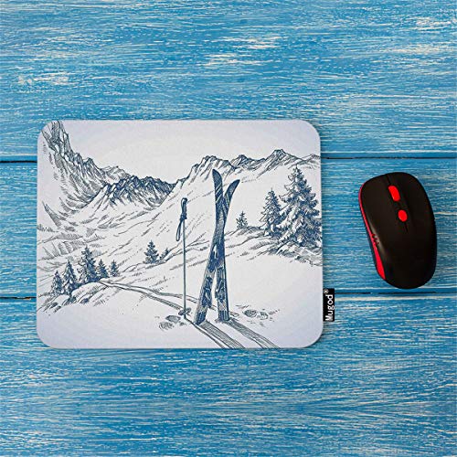 Mugod Mousepad Winter Sketchy Graphic of a Downhill with Ski Elements in Snow Relax Calm View Blue White Print Anti-Slip Natural Rubber Gaming Mouse Pad Rectangle Mouse Pads 7.9x9.5 Inches
