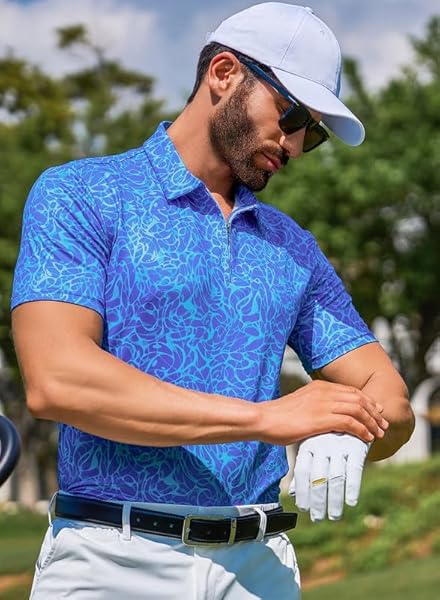 JMIERR MENS GOLF SHIRT MOISTURE WICKING QUICK-DRY SUMMER SHORT SLEEVE CASUAL ZIPPER POLO SHIRTS WITH PEN POCKETS, M, SKY BLUE