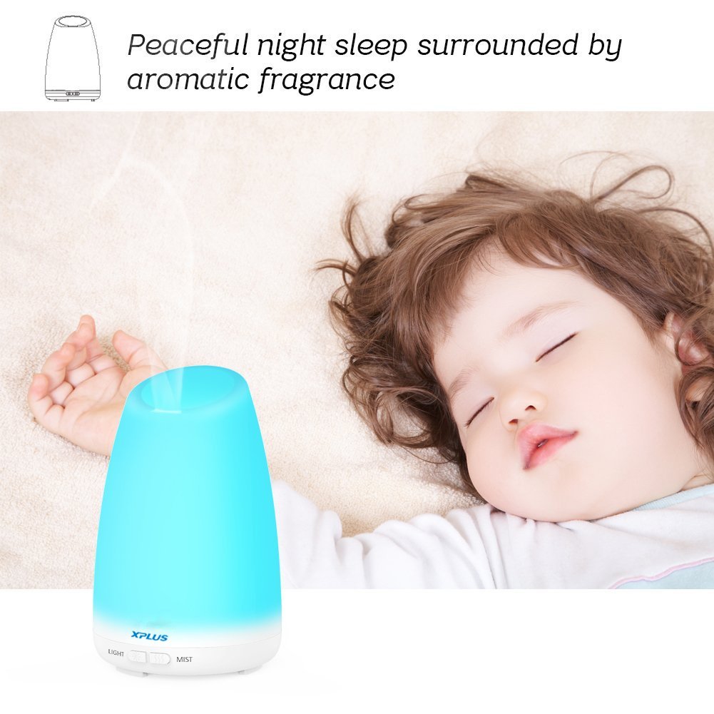 Essential Oil Diffuser, XPLUS 120ML Portable Ultrasonic Aromatherapy Diffusers with Multi-Changeable Colored LED Lights and Waterless Auto Shut-off Adjustable Mist Mode for Bedroom,Nursery or Office