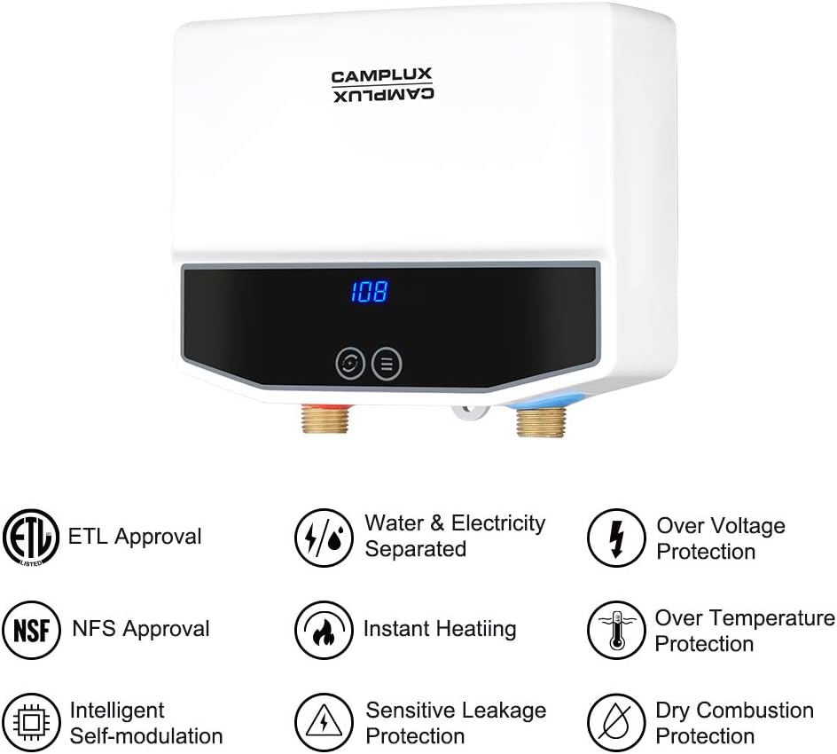 Camplux Electric Tankless Water Heater, TE04 Point-of-Use Residential Water Heater, Instant Electric Water Heater with Digital Display and Cable, 3.5kW at 120V, White - - 