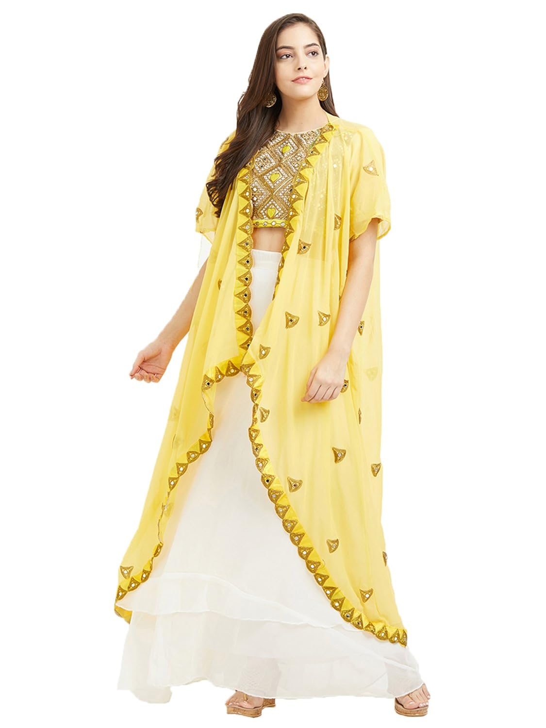 peachmode women's yellow-white colored party wear georgette lehenga with koti