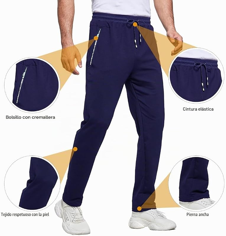 Calças de fato de treino desportivas desportivas de homem, calças casuais soltas e direitas com bolsos com fecho azul, L