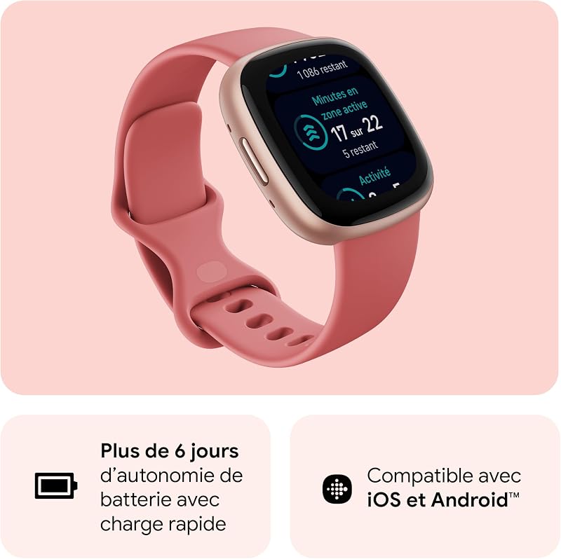 Google Versa 4 Montre connectée Sport avec Un abonnement de 3 Mois à Google Health Premium Inclus et Jusqu’à 6 Jours d’autonomie de Batterie - Sable Rose/Aluminium Rose cuivré