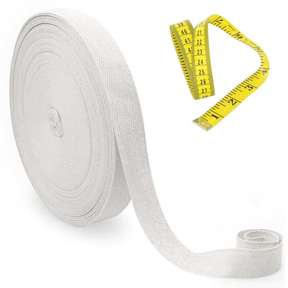 50 Meters 25mm Cotton Tape Bias Binding Tape Bunting Tape Twill Webbing Tape Sew Herringbone Roll Tape for Sewing Dressmaking Alterations Craft Apron, White