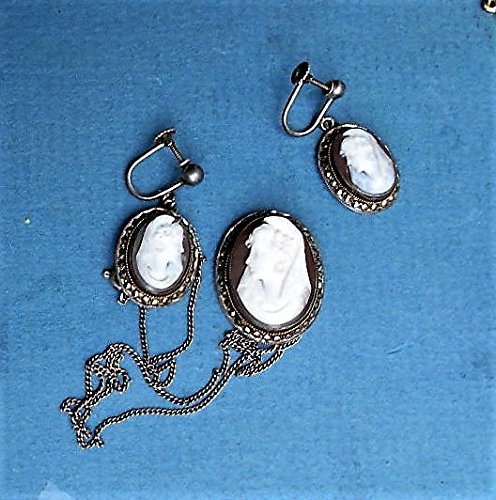 image for EMENOW CAMEO & Earring Set Wearing Church Veil, Mantilla Veil Vintage 